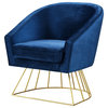 Alice Velvet Barrel Accent Chair With Metal Base, Navy and Gold