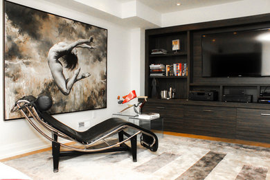 Mid-sized minimalist light wood floor basement photo in Toronto with white walls