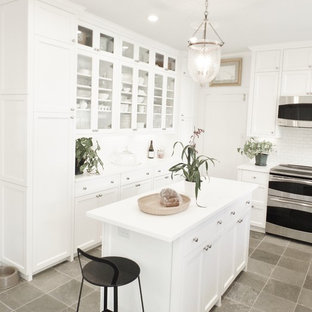 Mid-sized traditional kitchen pantry appliance - Kitchen pantry - mid-sized traditional l-shaped limestone floor and gray floor kitchen pantry idea in Hawaii with an undermount sink, shaker cabinets, white cabinets, laminate countertops, white backsplash, ceramic backsplash, stainless steel appliances and an island