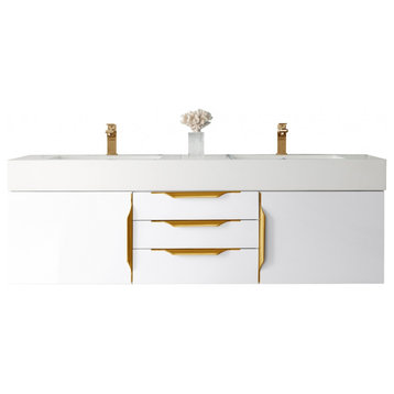 59 Inch White Floating Double Sink Bathroom Vanity Gold Metal Base, James Martin