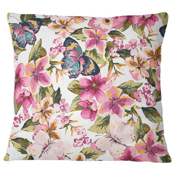 Butterflies with Seamless Floral Pattern Floral Throw Pillow, 18"x18"