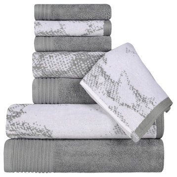 8 Piece Marble Effect Face Hand Bath Towel, Gray