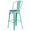 30" High Metal Barstool With Back and Wood Seat, Mint Green