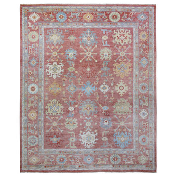 Coral Red Angora Oushak Leaf Design Hand Knotted Wool Oversized Rug, 12'x14'5"