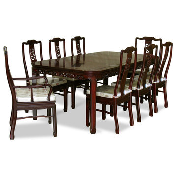 80in Rosewood Flower & Bird Motif Dining Table with 8 Chairs