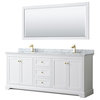 80"DBL Bath Vanity White, Carrara Countertop, Sinks, 70" Mirror, Gold Trim