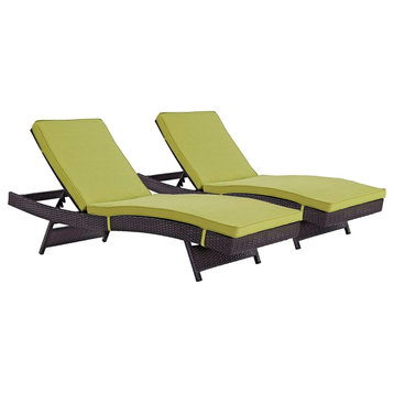 Modern Contemporary Outdoor Patio Chaise Lounge Chair, Set of 2, Green, Rattan