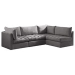 Meridian Furniture - Jacob Velvet Upholstered 4-Piece L-Shaped Modular Sectional, Grey - Create the ideal seating arrangement for your space when you pick and choose the elements you like mostincluding this Jacob velvet modular sectional. Mix and match items in the Jacob collection to bring your living space or family room together with a personalized slant. Soft grey velvet upholstery is soft and welcoming to the touch, adding a luxurious feel to everyday seating. Deep channel tufting adds to the piece's durability, and latches underneath the unit make it easy to attach to other pieces in the collection.