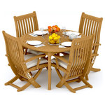 Teak Deals - 5-Piece Outdoor Teak Dining Set, 52" Round Table, 4 Warwick Arm Chairs - Our Teak Dining Set is a uniquely modern interplay of very durable teak wood featuring our beautiful Teak Chairs. Our teak wood is certified to withstand the rigors of adverse climates however because of Teak's well known micro-smooth finish and quality craftsmanship many use our furniture indoors as well. Rich in oil finely grained and precisely fashioned with mortise-and-tenon joinery.