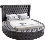 Meridian Furniture - Luxus Button Tufted Velvet Round Bed, Gray, Full - Marvel at the remarkable beauty and graceful lines of this round Luxus grey velvet full size bed. The headboard, footboard and side rails are all adorned with deep button tufting, and there is nailhead trim on both sides of the tall headboard. The footboard and side rails all contain ample storage and seating, making it easy to sit down in comfort so you can put on your pants or shoes.