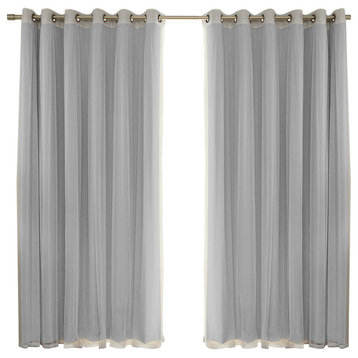 2 Piece Mix and Match Wide Tulle Sheer Lace Blackout Curtain Set, Gray