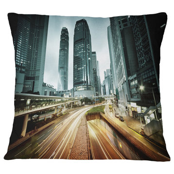Traffic in Hong Kong At Sunset Cityscape Photo Throw Pillow, 16"x16"