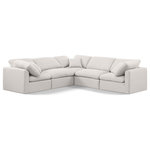 Meridian Furniture - Indulge Upholstered Modular L-Shaped Sectional, Cream, 5-Piece: 2 Armless Chair, 3 Corner Chair, Down Stuffed Linen Textured Fabric - Experience ultimate comfort and style with our cream linen textured fabric Indulge Sectional. The luxurious linen texture of the fabric will elevate the aesthetic of any room. This sofa provides ample space for you to relax while its modular build offers the option of unlimited configurations. Whether you're looking to add a stylish element to your living room or a comfortable seating option to your bedroom, this sofa is the perfect choice.