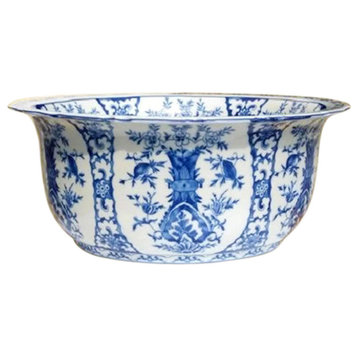 Chinese Large Blue and White Floral Chinoiserie Porcelain Bowl 16"