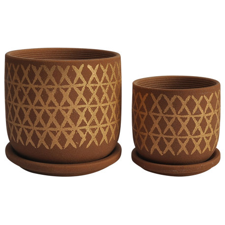 Sagebrook Home Contemporary Tan, 2-Piece Set, Cross Planter With Saucer