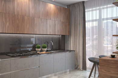 Design ideas for a mid-sized contemporary l-shaped separate kitchen in Other with an undermount sink, flat-panel cabinets, grey cabinets, quartz benchtops, grey splashback, stone slab splashback, black appliances, porcelain floors, a peninsula and green floor.