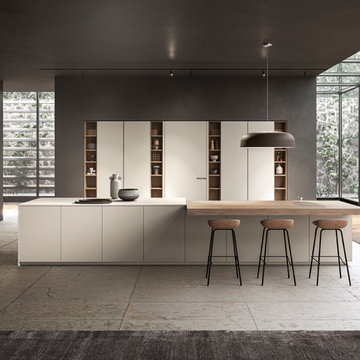 Matte White and Wood Kitchen Cabinets with Pantry Black Metal Frame Glass Doors