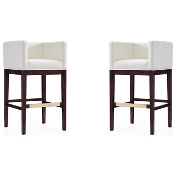 Midcentury Bar Stool, Ivory Faux Leather Seat With Square Arms & Golden Footrest