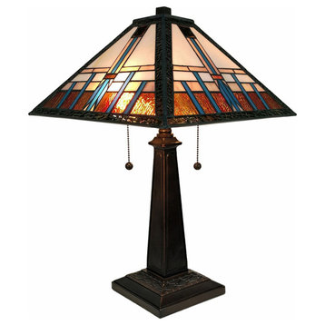23" Cream Amber and Teal Stained Glass Two Light Mission Style Table Lamp