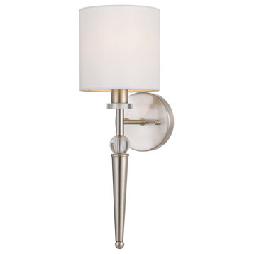 Harper 1-Light Wall Sconce Hardwire, Crystal/Round Shade, Satin Chrome/Ivory