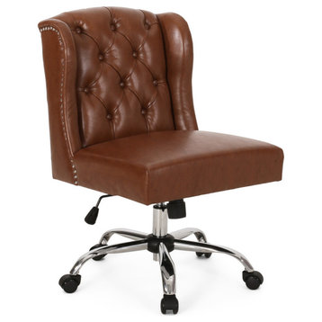 Amos Wingback Tufted Swivel Office Chair, Cognac Brown/Chrome