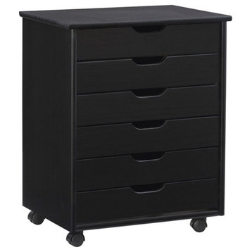 Pemberly Row Transitional Six Drawer Wood Rolling Storage Cart in Black