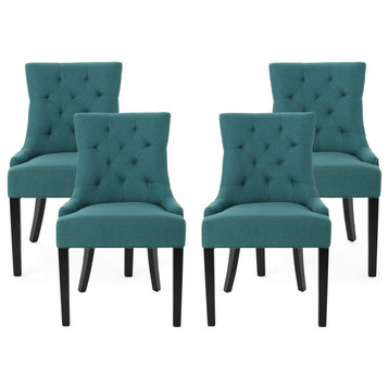 4 Pack Dining Chair, Espresso Rubberwood Legs & Tufted Back, Dark Teal Fabric