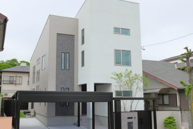 Inredning av ett minimalistiskt stort grått hus, med två våningar, pulpettak och tak i metall