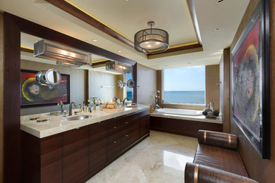 Bathroom - large contemporary master brown tile, multicolored tile and stone slab travertine floor and beige floor bathroom idea in Miami with an undermount sink, dark wood cabinets, brown walls, marble countertops and flat-panel cabinets