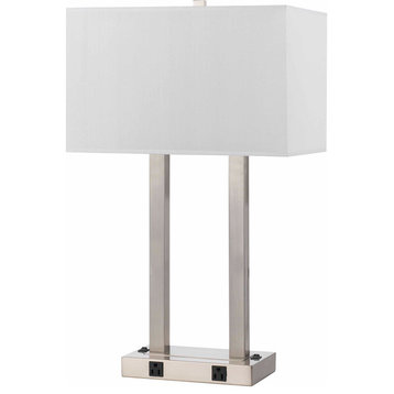 60W Metal Desk Lamp with Two Outlet, Brushed Steel Finish, White