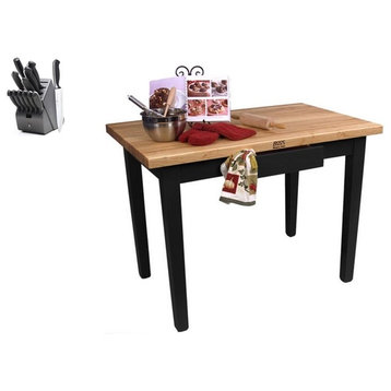 John Boos Maple Classic Country Table 36x25 and Henckels Knife Set, Black Caviar, No Shelf, No Drawer, Casters