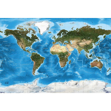 World Satellite Map Decal, Blue Oceans, Peel and Stick, 1-Panel, 89"x60"