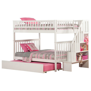 Staircase Bunk Bed Full Over Full With Full Size Urban Trundle Bed, White