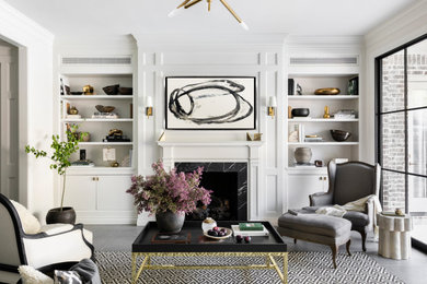 Inspiration for a timeless limestone floor living room remodel in Houston with white walls