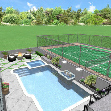 pool design with firepit and tennis courts
