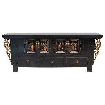 Chinese Distressed Dark Brown Dragon Motif TV Console Table Cabinet Hcs5727