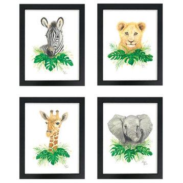 "Safari Littles", Set of 4 Framed Prints, Black, 16"x20"