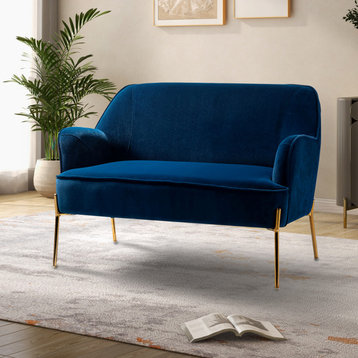 Velvet Loveseat Sofa With Recessed Arms, Navy
