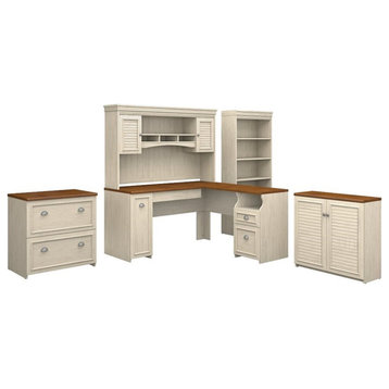 Pemberly Row Engineered Wood L Desk 5 Pc Office Set w/ Storage in Antique White