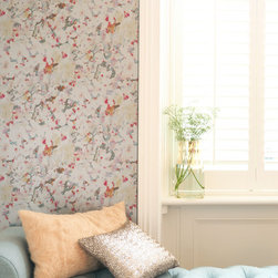 MELLOR &ndash; PINK, RED, BLUE CHERRY BLOSSOM ON SILVER Pattern Number: 2016-106-04 - Wallpaper