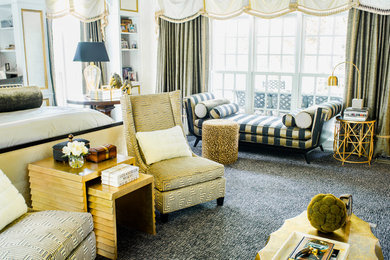 Example of a large classic master carpeted and multicolored floor bedroom design in Nashville with white walls