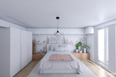 Modelo de dormitorio principal y blanco y madera minimalista grande sin chimenea con paredes blancas, suelo de madera clara, casetón y papel pintado
