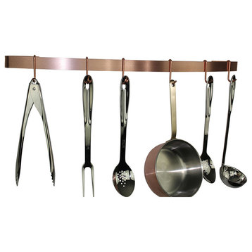 Handcrafted 30" Curved Wall Rack Utensil Bar w 6 Hooks, Brushed Copper