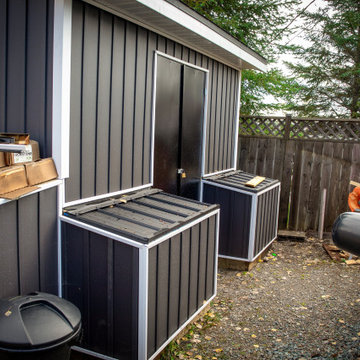 Vinyl Siding on Storage Shed with Bear Resistant Trash Boxes.