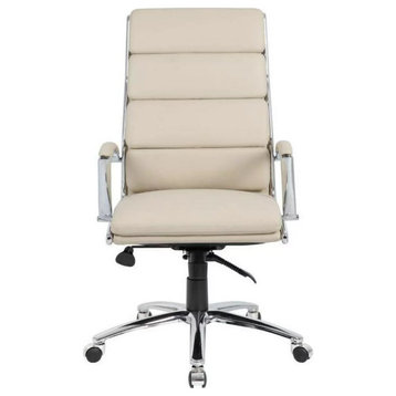 Contemporary Office Chair, Chrome Frame & Comfortable Ribbed Vinyl Seat, Beige