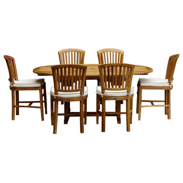 7-Piece Armless Teak Wood Orleans Table/Chair Set With Cushions