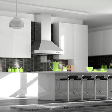 A white kitchen featuring a ZLINE 697-RD Stainless Steel Wall Range Hood