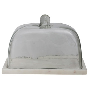 Glass Cloche with Marble Base, Clear and White