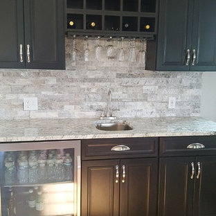Photo of a large traditional look-out basement in Boston with grey walls, ceramic flooring, no fireplace and beige floors.