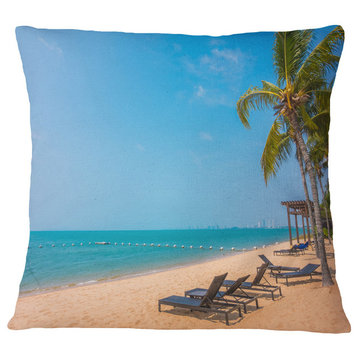 Blue Beach With Palm Trees Seashore Photo Throw Pillow, 16"x16"